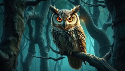 Sticker - Wise Owl in a Mysterious Forest.