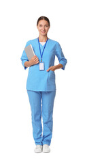 Sticker - Nurse in medical uniform with tablet on white background