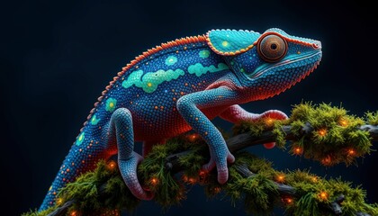 Wall Mural - Chameleon with Glowing Eyes on Branch.