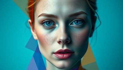 Poster - Woman with Geometric Makeup in Blue and Green Background.