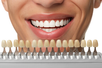 Canvas Print - Happy young man with teeth color samples on white background, closeup. Dental veneers