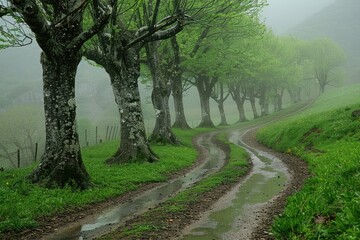 Wall Mural - Winding Forest Path Through Foggy Green Trees