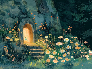 Wall Mural - A girl is standing in front of a small door in a garden. The door is open, and the girl is looking inside. The garden is filled with flowers, and the sky is dark