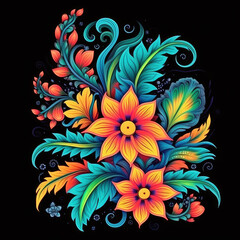 bright flowers on black background. floral elements, pattern, botanical background, design, prints a