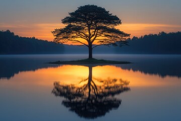 Wall Mural - Solitary Tree Silhouetted on an Island at Sunset Reflected in a Calm Lake