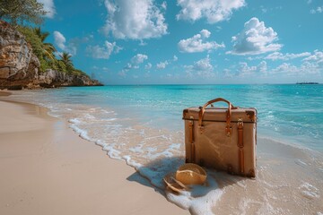 Poster - Vintage Suitcase and Hat on a Tropical Beach