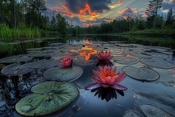 Wall Mural - Water Lilies and Lily Pads in a Still Pond at Sunset