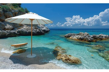 Wall Mural - White Umbrella Over a Clear Beach and Ocean Scene