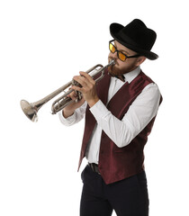 Sticker - Handsome musician playing trumpet on white background