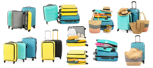 Wall Mural - Set of different suitcases on white background