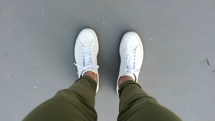 Urban Step. A pair of white sneakers on a concrete surface, viewed from above.