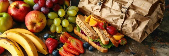 Sticker - Assortment of fruit sandwiches and pastries in a brown paper lunch sack