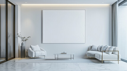 luxury modern living room, white wall, floating frame, horizontal, frame center, no obstructions, empty white canvas, minimalist, soft natural light