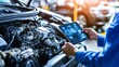 © DZMITRY - On a tablet computer, a technician inspects the engine bay using Augmented Reality Diagnostics Software...
