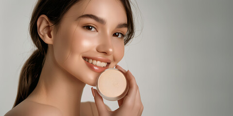 Wall Mural - beautiful young woman holding a skincare cream jar, beauty photo