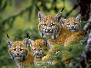 Poster - A family of four kittens are sitting in a tree. The kittens are all brown and have black ears