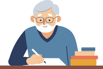 An elderly man focuses on writing notes at his desk, surrounded by stacks of books and stationery items.