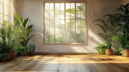 Empty White Room with Wooden Floor and Plants, Ideal for Interior Design and Minimalistic Imagery, Generative AI