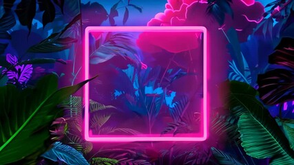 Wall Mural - Album cover with futuristic neon lights and jungle vibe, featuring pink neon lighting amidst dark and vibrant surroundings.