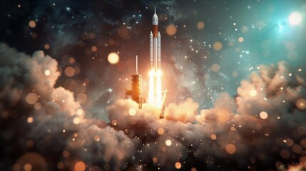 Wall Mural - Rocket Launching Into Space Through Nebulous Clouds Near Stars