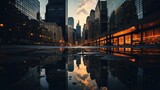 Modern Urban Skyline with Reflective Office Buildings at Nightv