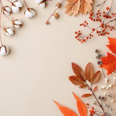 Canvas Print - Autumn Leaves and Cotton Branches Arranged on Beige Background for Seasonal Decor