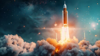 Wall Mural - Rocket Launching Into Space Through Nebulous Clouds Near Stars