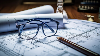 Blue Glasses On Rolled Up Architectural Blueprint With Pencil On A Wooden Desk In A Professional Workspace