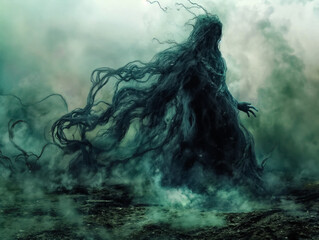 Poster - A monster with long hair and a twisted face stands in a foggy, misty environment. The monster appears to be a mix of a human and a plant, with its limbs resembling vines