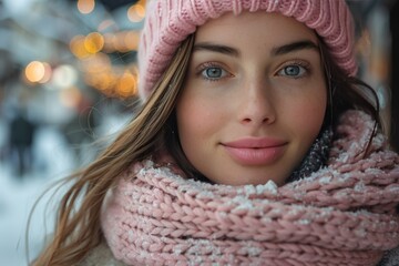 Cheerful woman in pink knit hat and scarf walking in city decorated with garlands, space for text