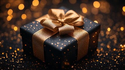 Gift Box with Golden Ribbon on Black Background with Glitter, Black Friday Sale Concept, Generative AI