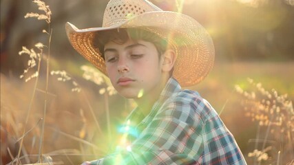 Wall Mural - A boy wearing a cowboy hat is sitting in a field of tall grass. The boy is looking off into the distance, and the grass is dry and brown. The scene has a sense of solitude and quietness