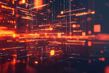 Abstract digital grid with glowing orange lines and data.