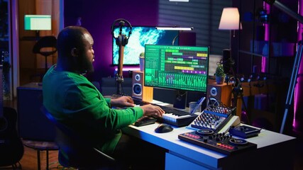 Leinwandbilder - Artist playing electronic piano keyboard notes and recording audio files to use mix and master techniques, editing recordings to edit sound effects. Musician operating on synthesizer gear. Camera B.