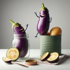 Wall Mural - Playful cartoon-style eggplants come to life in a whimsical kitchen setting, perfect for food industry promotions, children's products, or healthy eating campaigns.