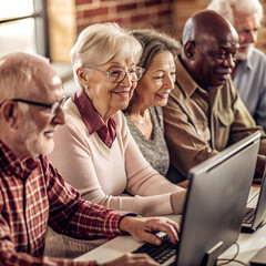 courses for adults, elderly people learning computer literacy at a laptop, men and women work at a c
