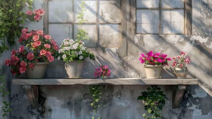 Wall Mural - Retro cottage decor with cement wall and window flower shelf