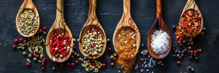 Wall Mural - Wooden spoons with assorted spices on a table