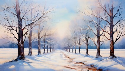 Poster - A painting portraying a row of leafless trees standing in a snowy landscape, showcasing the serene beauty of winter