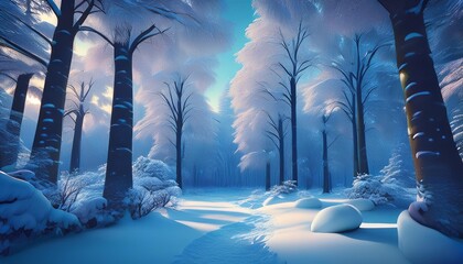 Poster - A forest filled with numerous trees covered in a blanket of snow, creating a winter wonderland scene