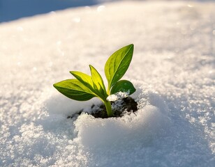 A young green plant sprouts out of the snowy ground, symbolizing the transition from winter to spring.