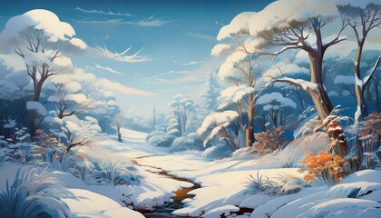 Poster - A painting depicting trees and plants covered in snow, creating a winter landscape scene