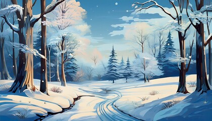 Sticker - A painting depicting a winter scene with snow covering the ground and trees, creating a serene atmosphere