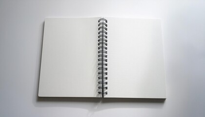 A white spiral bound notebook is laying flat on a white surface, the notebook is closed and the binding is visible