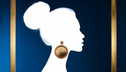 Sticker - A woman with her hair up in a bun is shown in a blue and gold silhouette. She is wearing large, round earrings