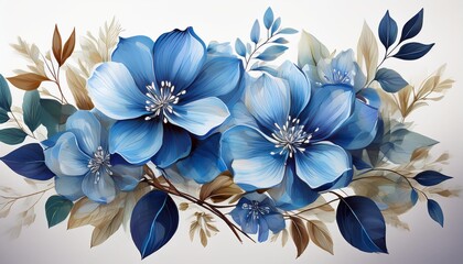 Wall Mural - A digital illustration depicting a bouquet of blue flowers with delicate leaves on a white background