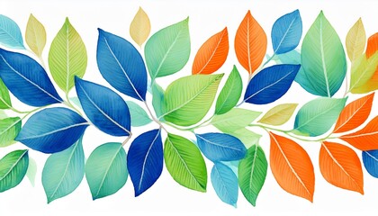 Poster - Watercolor painting of blue, green, and orange leaves on a white background