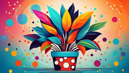 Canvas Print - A stylized illustration of a plant with colorful leaves in a polka-dot pot. The background features geometric shapes in various colors