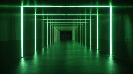 Wall Mural - Illuminated by neon green, the corridor has a futuristic tunnel appearance 