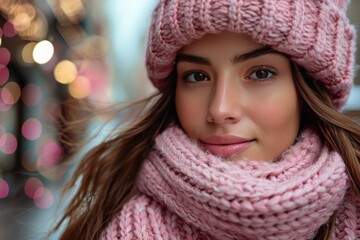 Cheerful woman in pink knitwear walking in festive city decorated with garlands, space for text